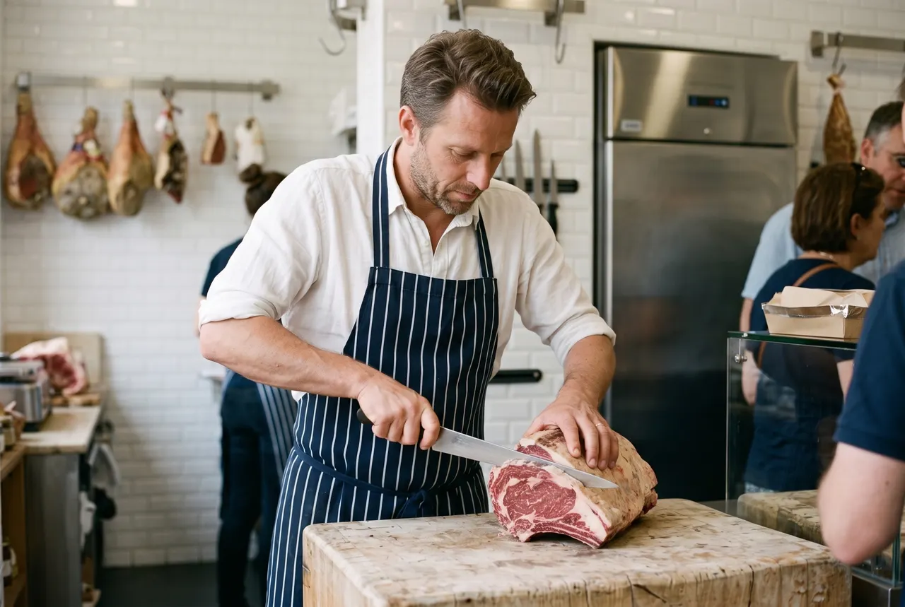 Antoine Brévart découpe une côte de bœuf sur le billot, des clients au comptoir derrière lui