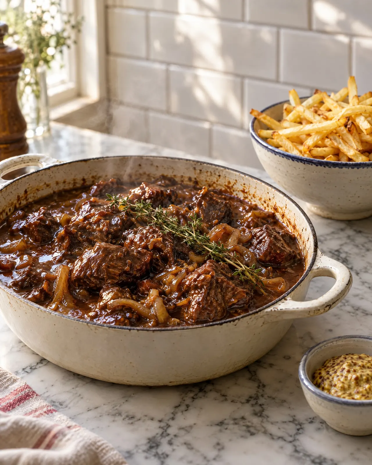 Carbonade flamande dans une cocotte émaillée, frites et moutarde à côté, sur le comptoir de marbre