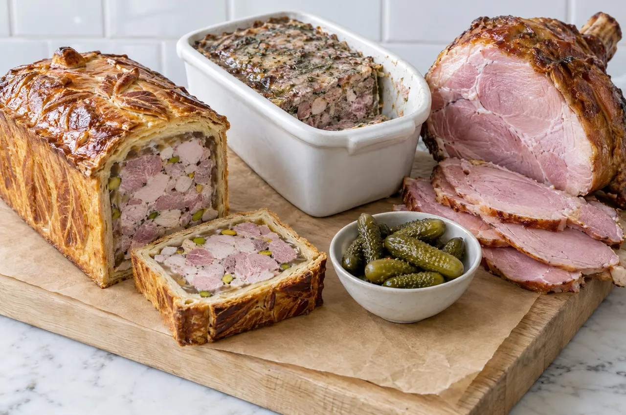 Pâté en croûte tranché, terrine de campagne et jambon cuit à l’os sur un plan de marbre