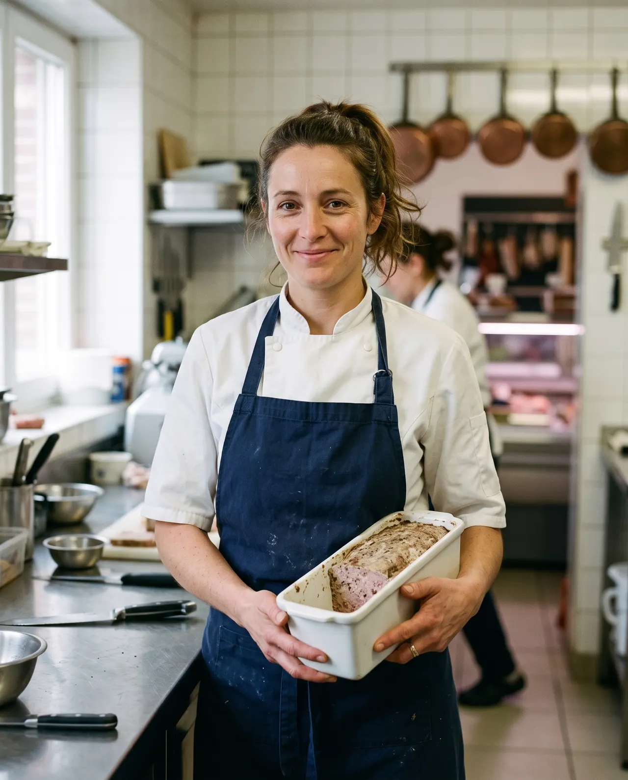 Claire Brévart en veste de cuisine, une terrine de campagne dans les mains, dans le laboratoire
