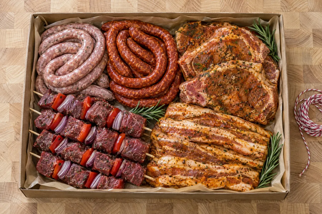 Colis barbecue : chipolatas, merguez, côtes marinées, brochettes et poitrine dans une barquette kraft
