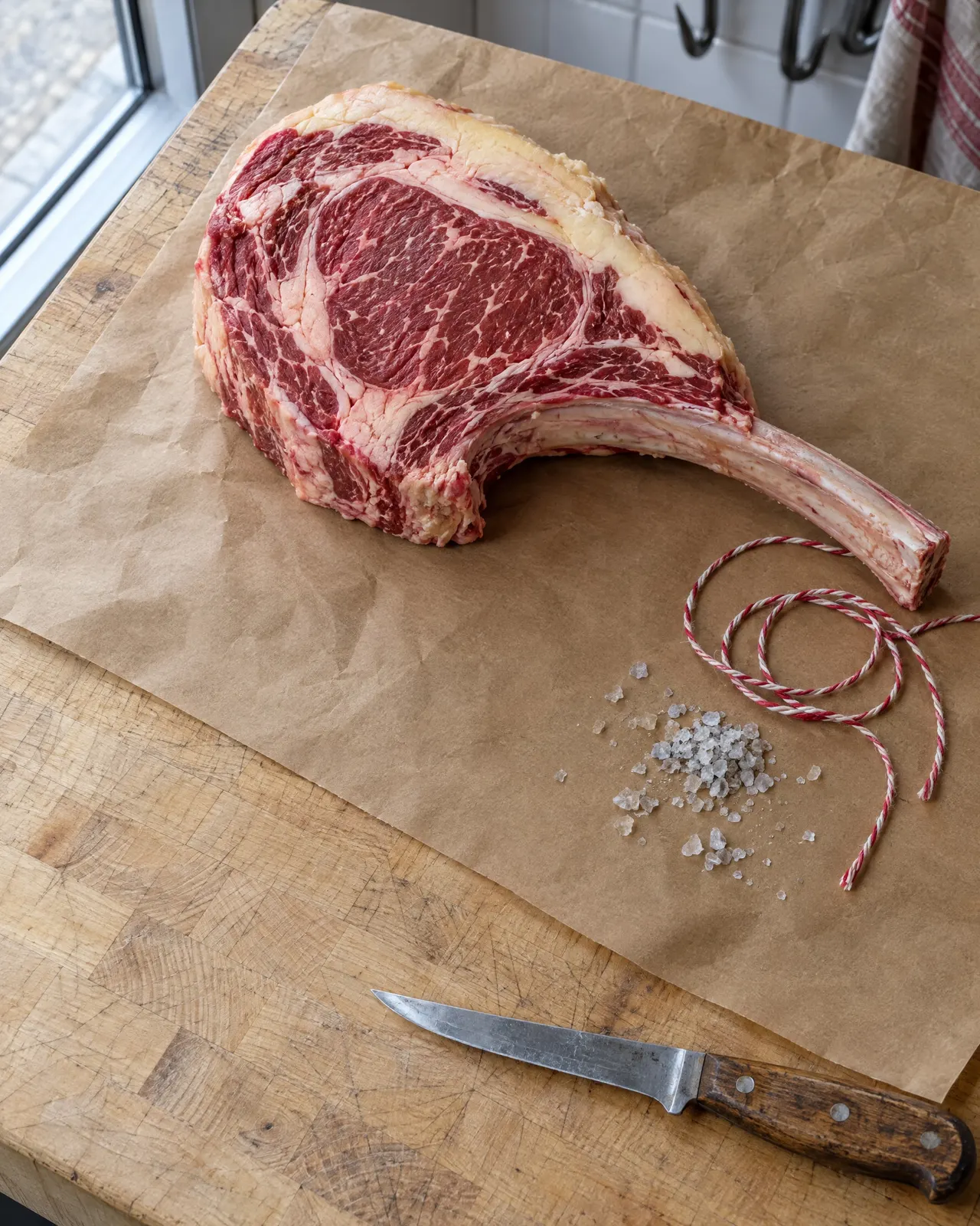 Côte de bœuf maturée posée sur du papier kraft, sur le billot de la boutique