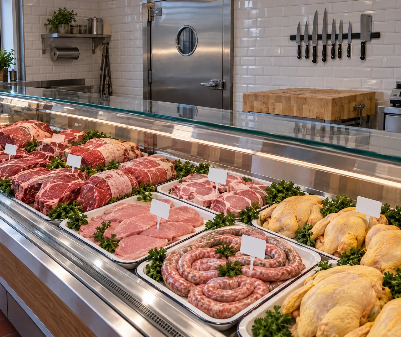 La vitrine réfrigérée de la boutique : pièces de bœuf, rôtis ficelés, escalopes, saucisses et poulets jaunes