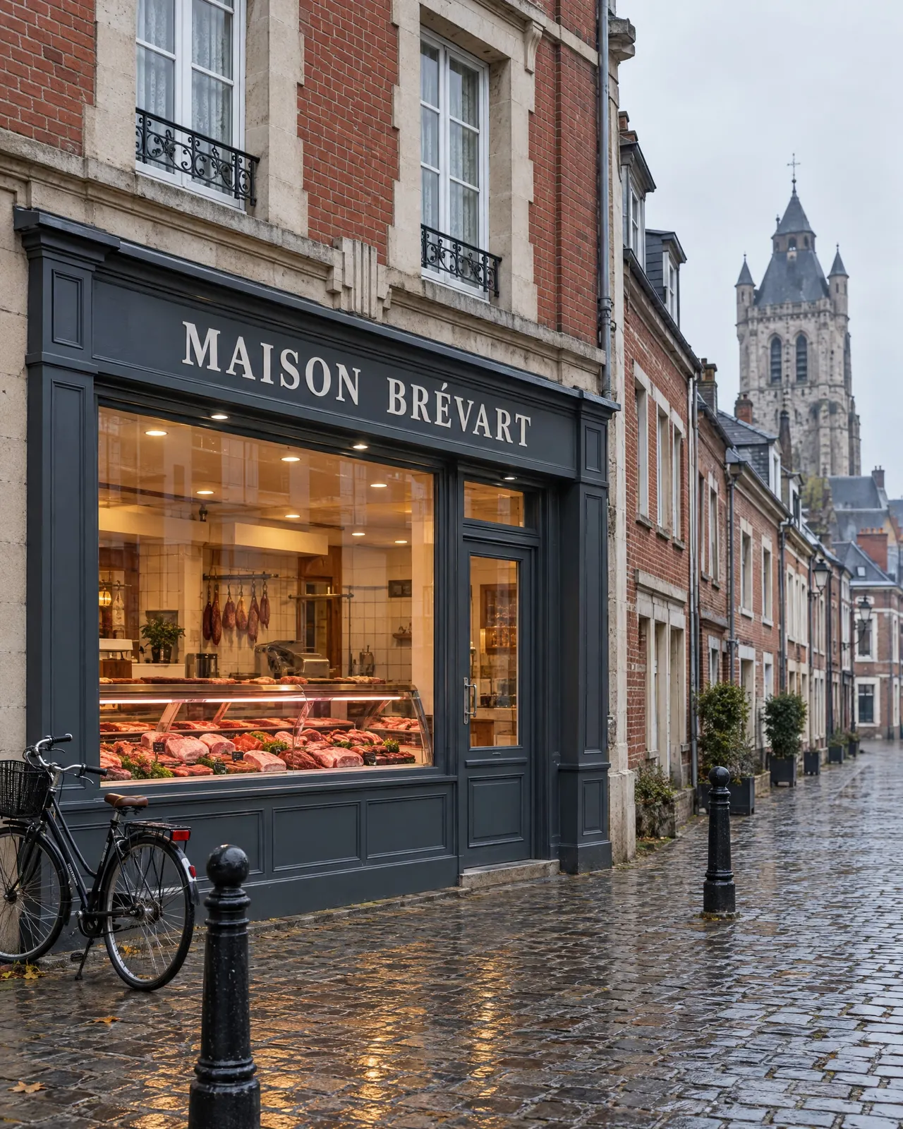 La devanture gris ardoise de Maison Brévart, rue d’Arras, le beffroi au bout de la rue