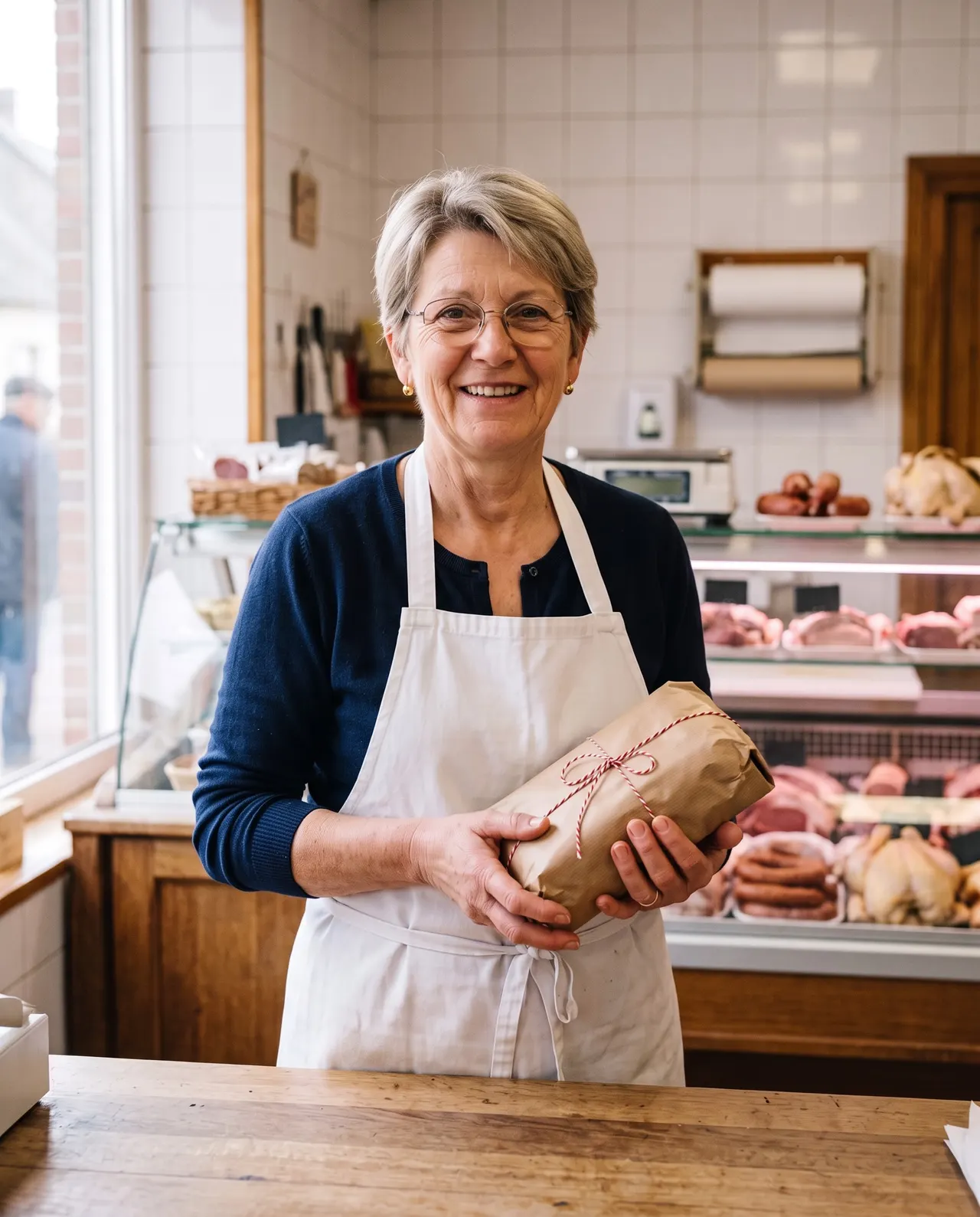 Nathalie Lefebvre au comptoir, un paquet de papier kraft ficelé dans les mains