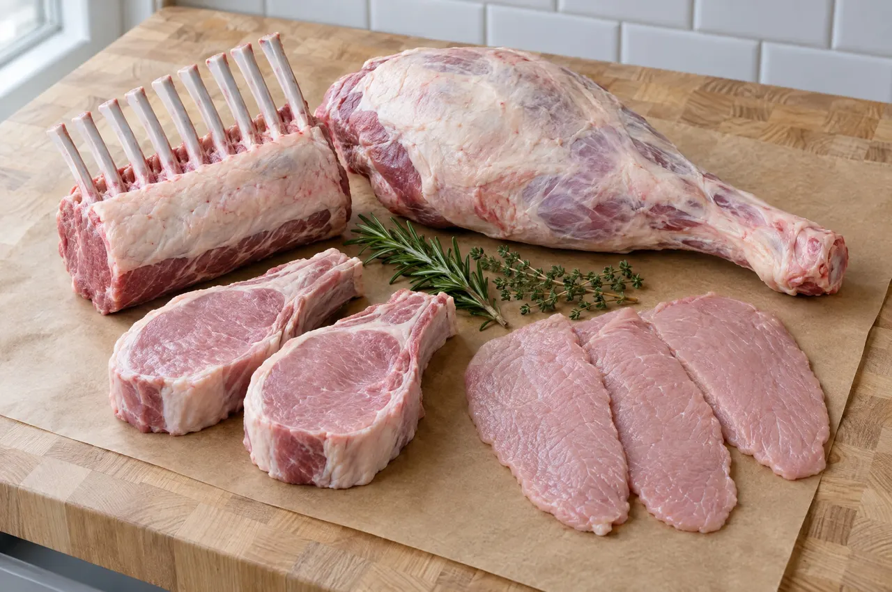 Carré et gigot d’agneau, côtes et escalopes de veau sur papier kraft